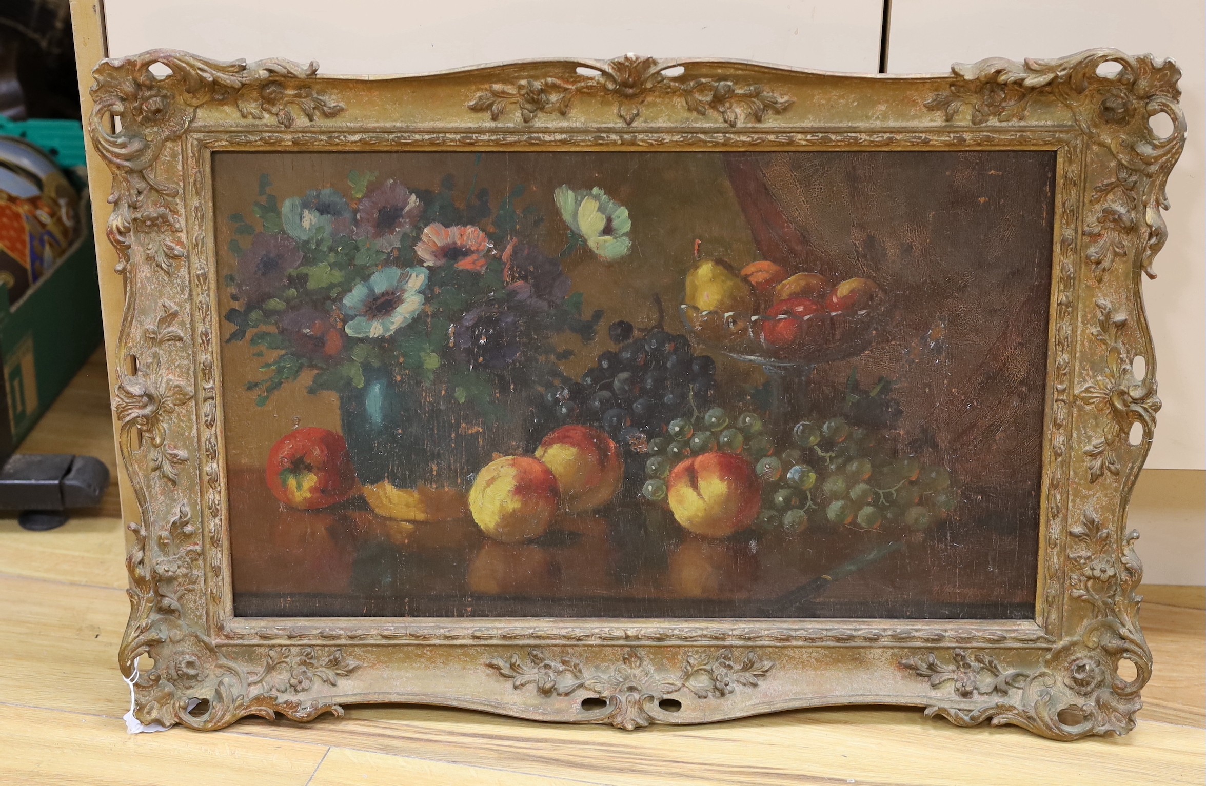 H. Hubregtse, oil on board, Still life of fruit and flowers, signed and dated '22, 33 x 55cm